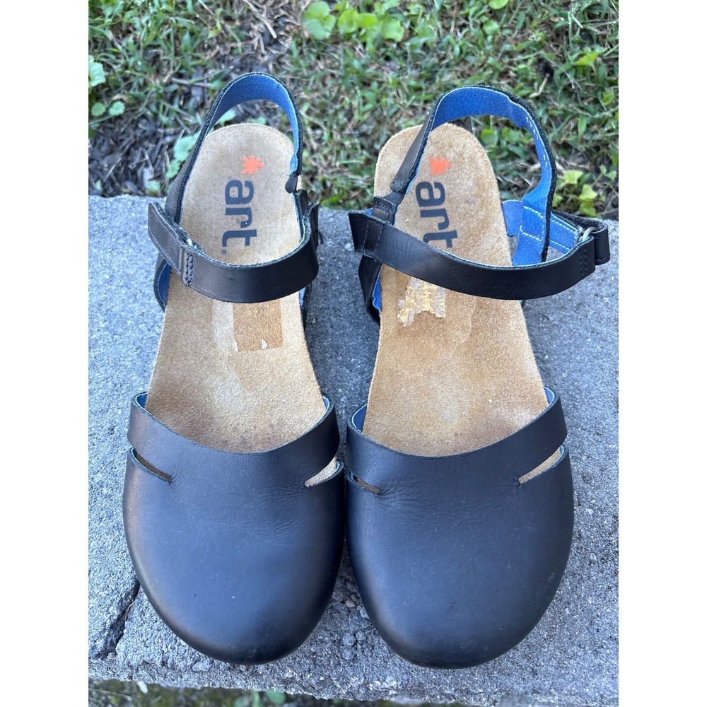 Art Company 1931 Black Leather Wedge Sandals Blue Lining Women Size 41